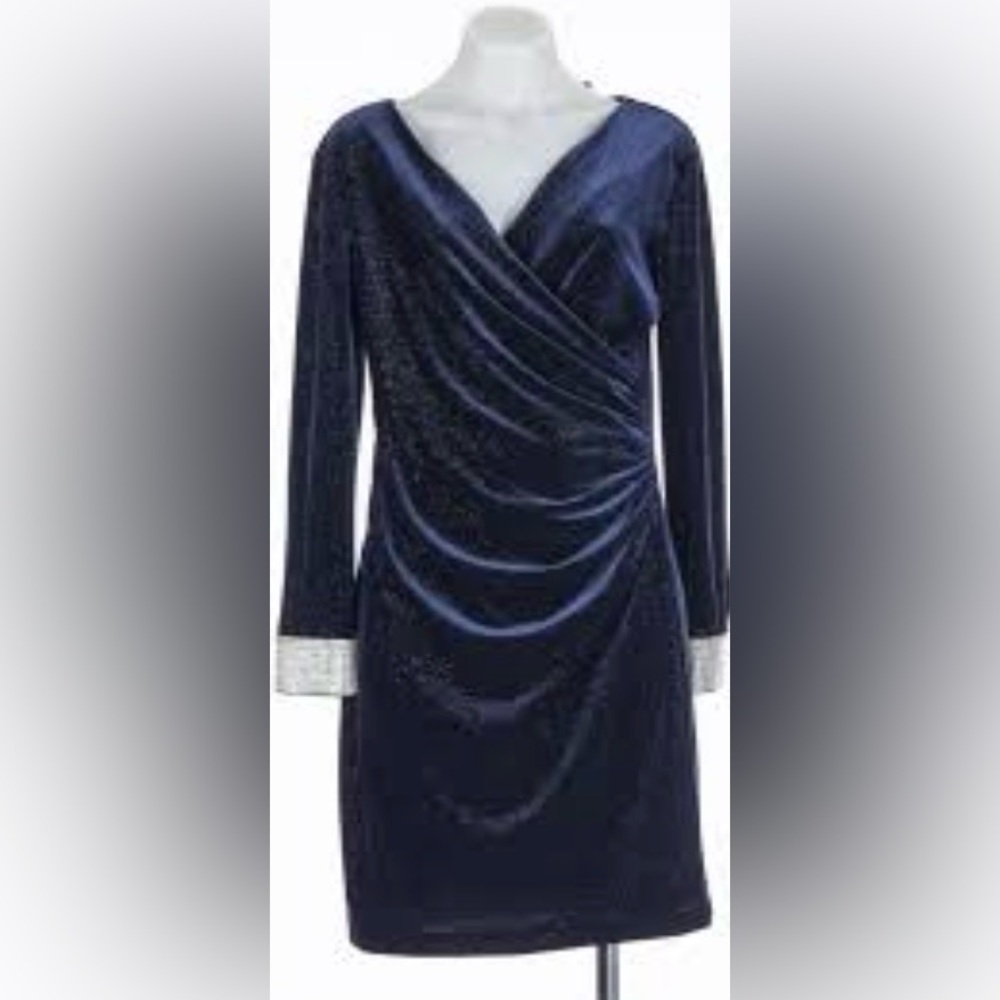 Frank Lyman Design Velvet, Crystal Cuff Navy Blue Cocktail Dress